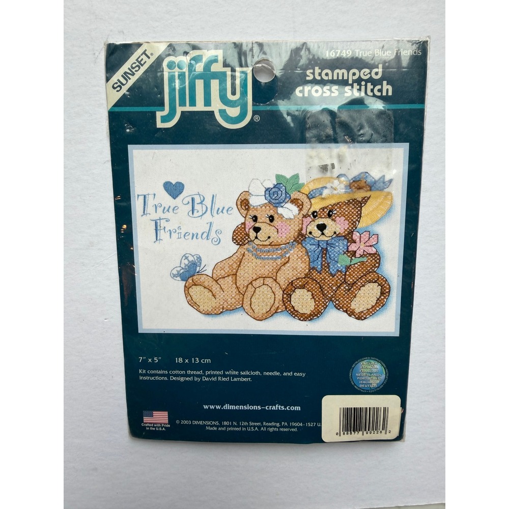 VTG Jiffy Stamped Cross Stitch Kit 7x5 Blue Teddy Bears DIY